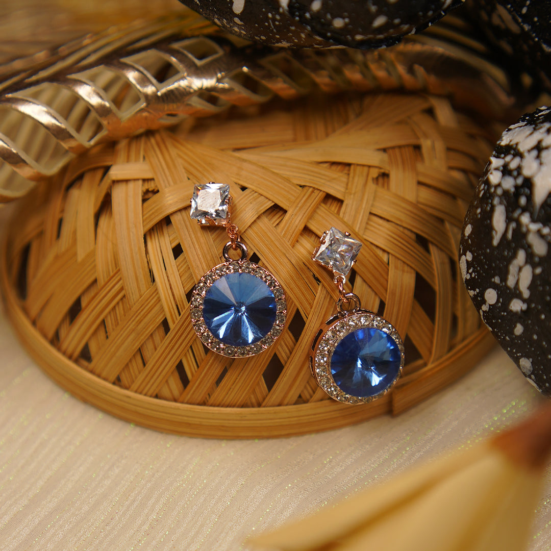 Blue Crystal Halo Drop Leverback Earrings